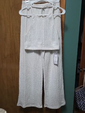 SHEIN Cream Knit Wide-Leg Pants & Crop Tank Set